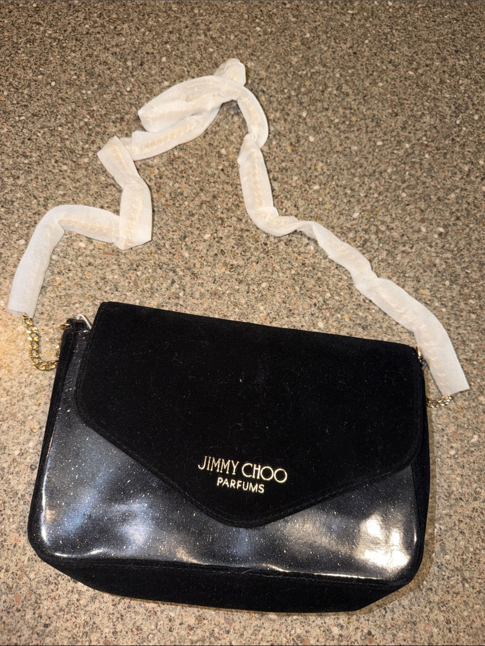 Jimmy Choo Black Velvet & Patent Crossbody Bag with Gold Logo
